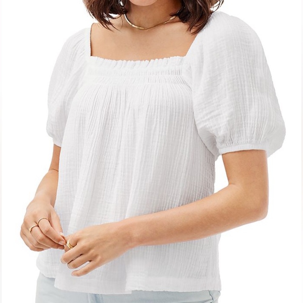 Bella Dahl White Smocked Puff Sleeve Top | L